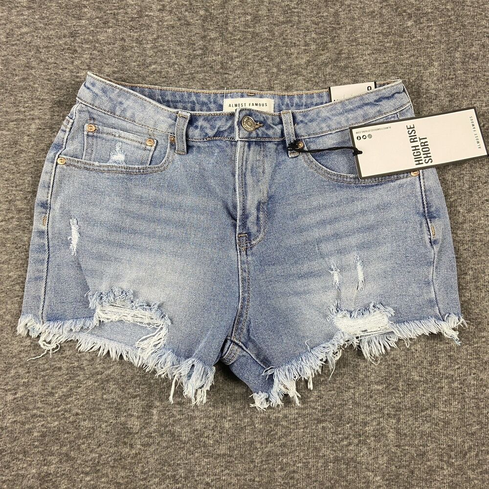 Almost Famous Cutoff Shorts Womens Juniors 9 High Rise Short Distressed Light - Picture 16 of 16